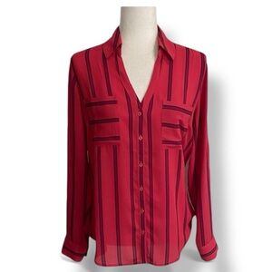 Express Pink Portofino V-Neck Button Up Shirt w Purple Stripe Spring Chic Casual